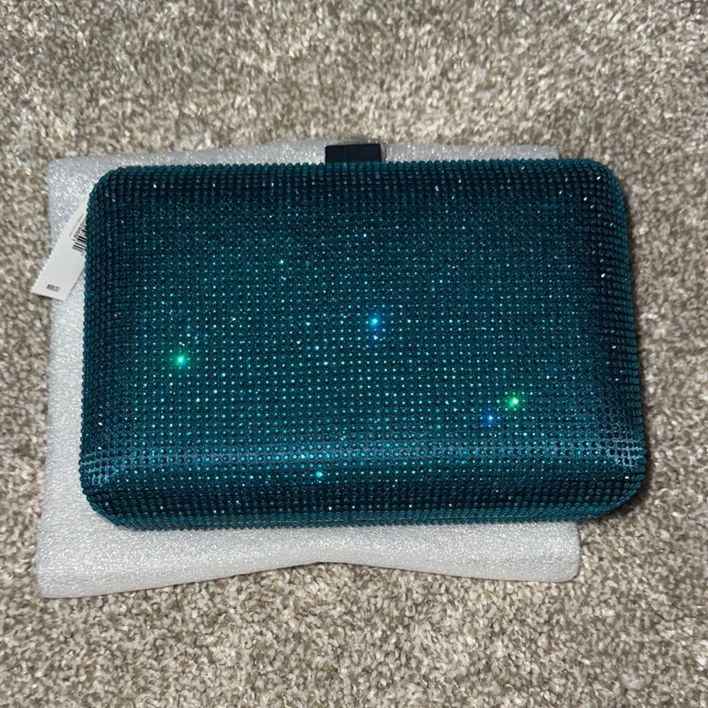 Express rhinestone sparkling embellished teal crossbody clutch removable chain
